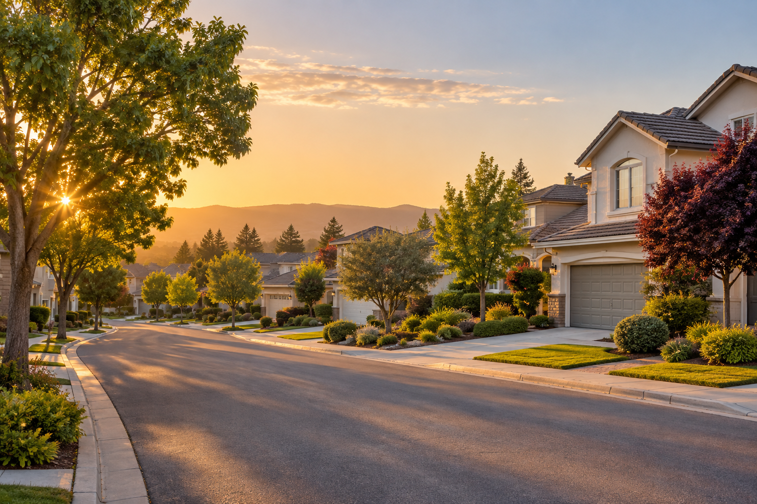 An upscale San Jose, California neighborhood street at golden hour, illustrative