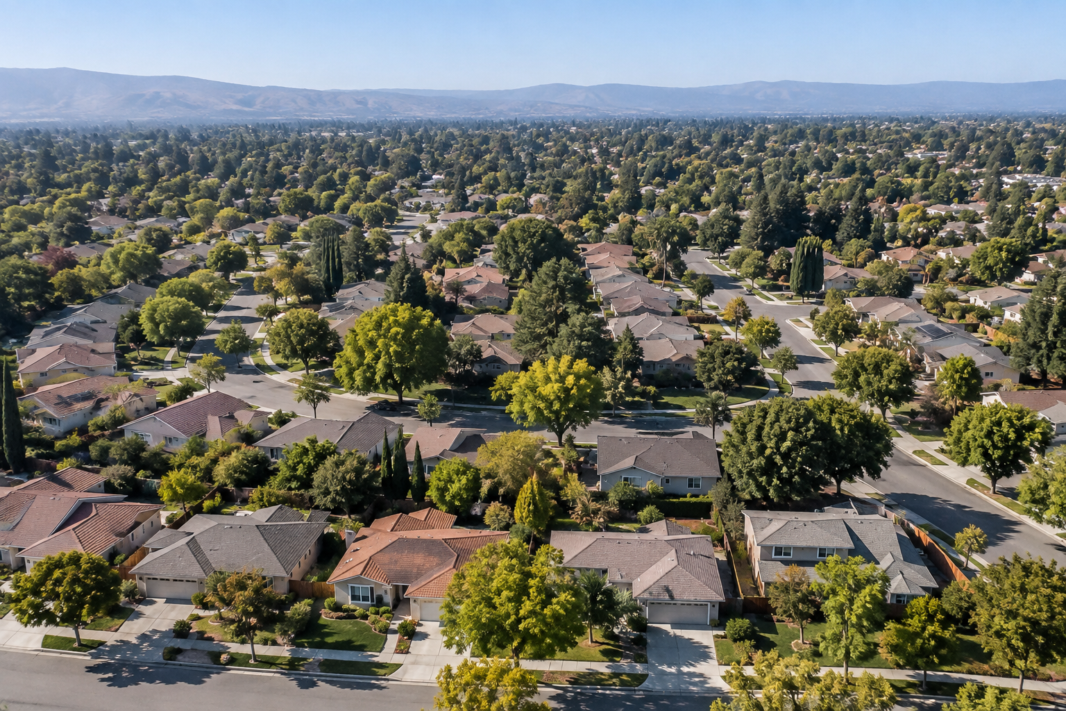 An aerial view of a San Jose, CA neighborhood, illustrative