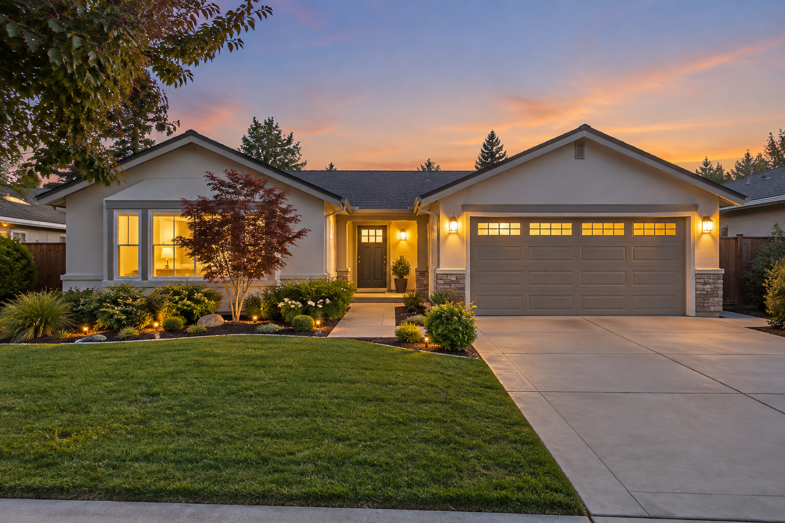 A San Jose, CA home exterior at dusk, illustrative